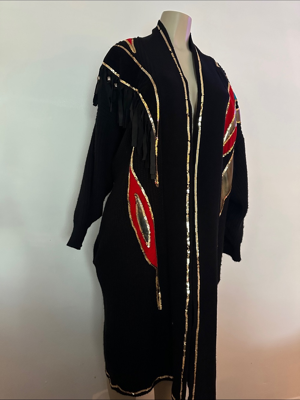Black Embellished Fringe Open-Front Sweater Cardigan